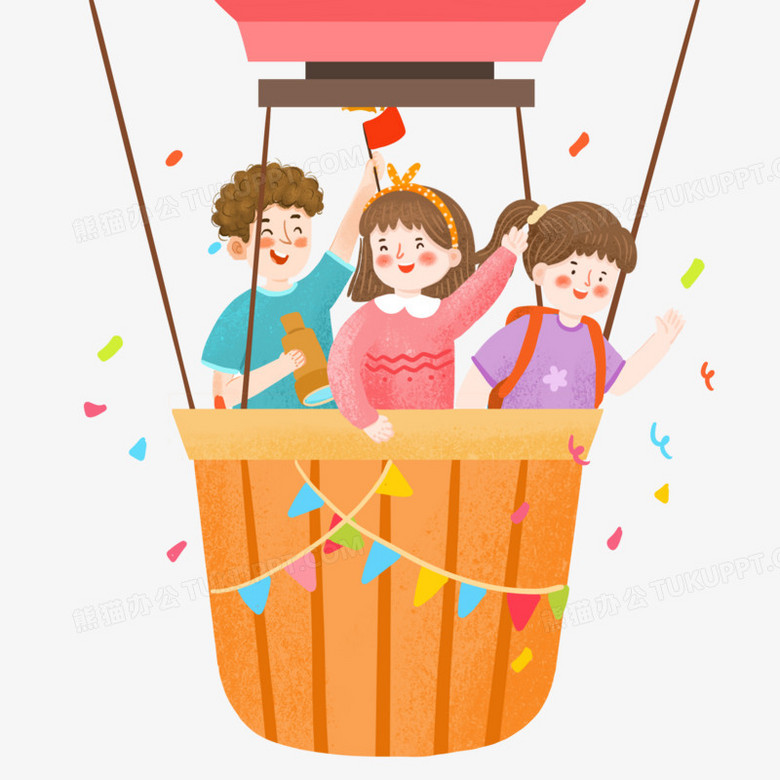 手绘卡通大孩子在热气球吊篮里面开心的场景元素