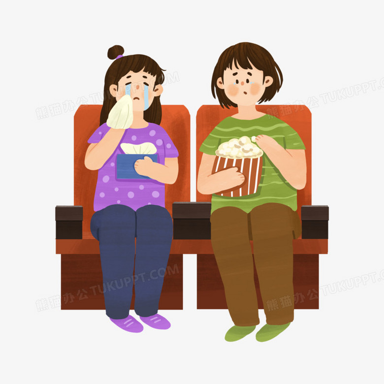 手绘卡通扁平插画风人物观影套图之看悲伤电影落泪元素