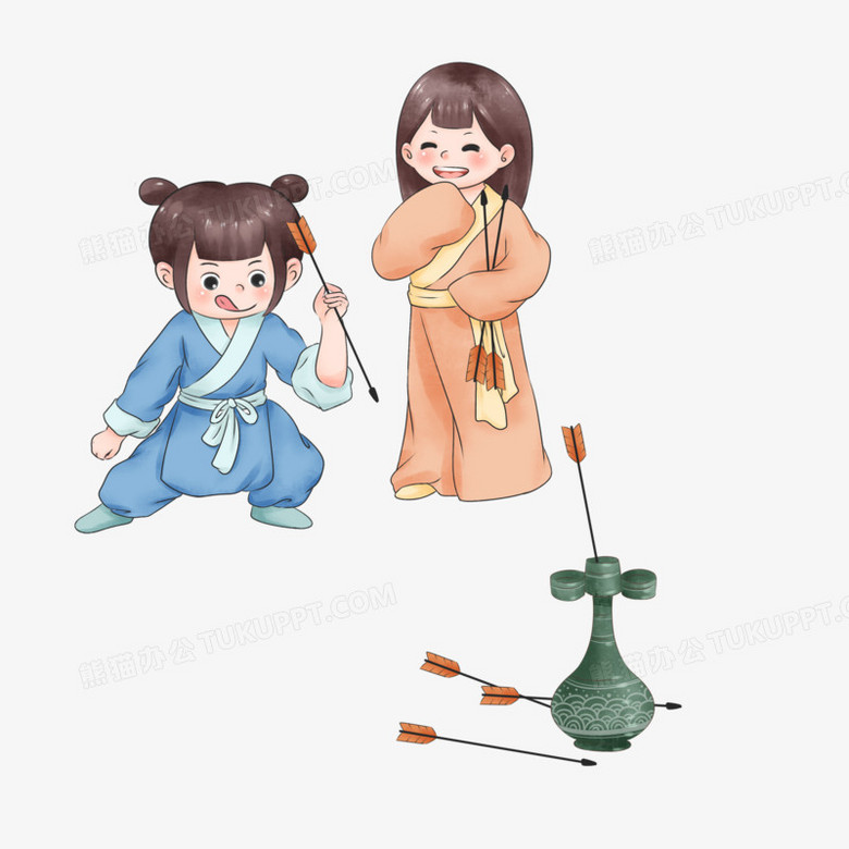手绘中国风水彩画投壶嬉戏元素