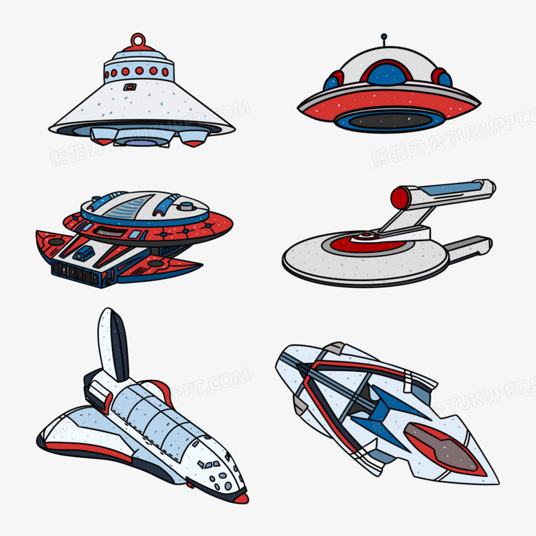 一组卡通描边风简笔画宇宙飞船套图元素