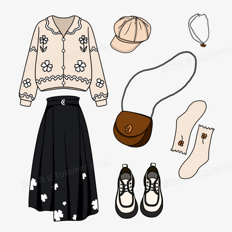 一组手绘女生秋装穿搭合集元素png图片素材下载_手绘png_熊猫办公