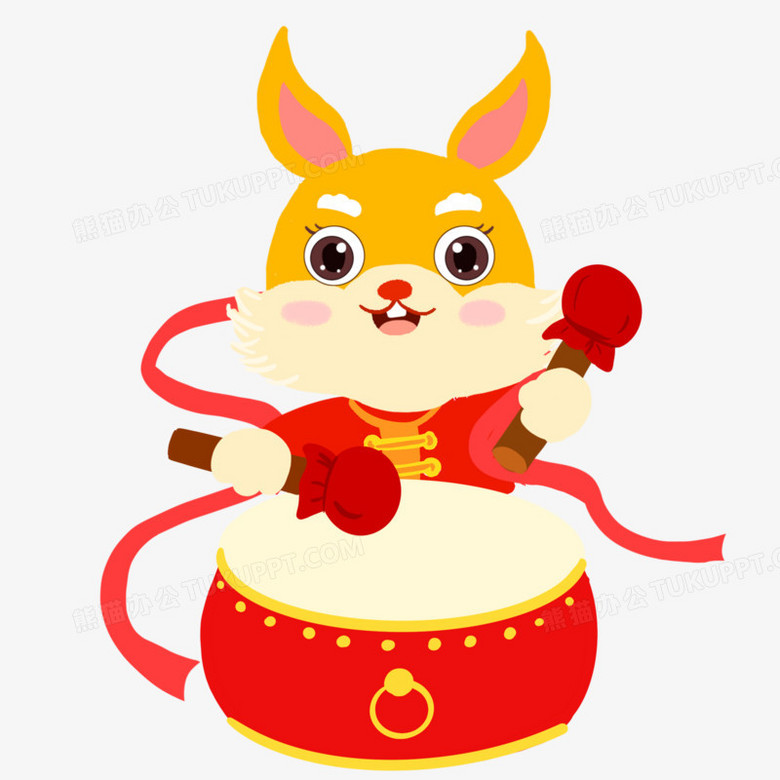 卡通手绘敲鼓击鼓的兔子免抠元素