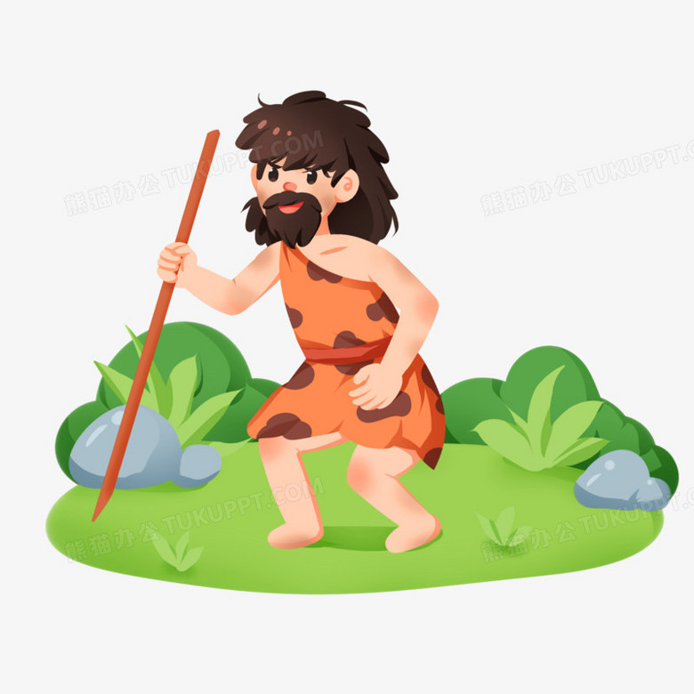 手绘卡通原始人手拿武器免抠素材