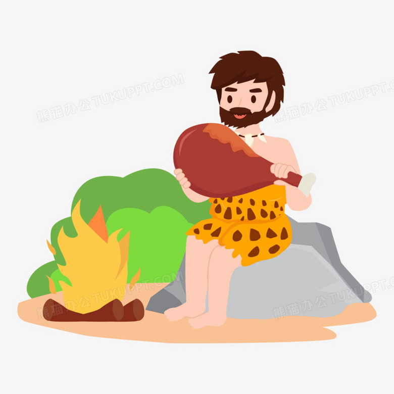 卡通矢量原始人吃肉烤肉素材