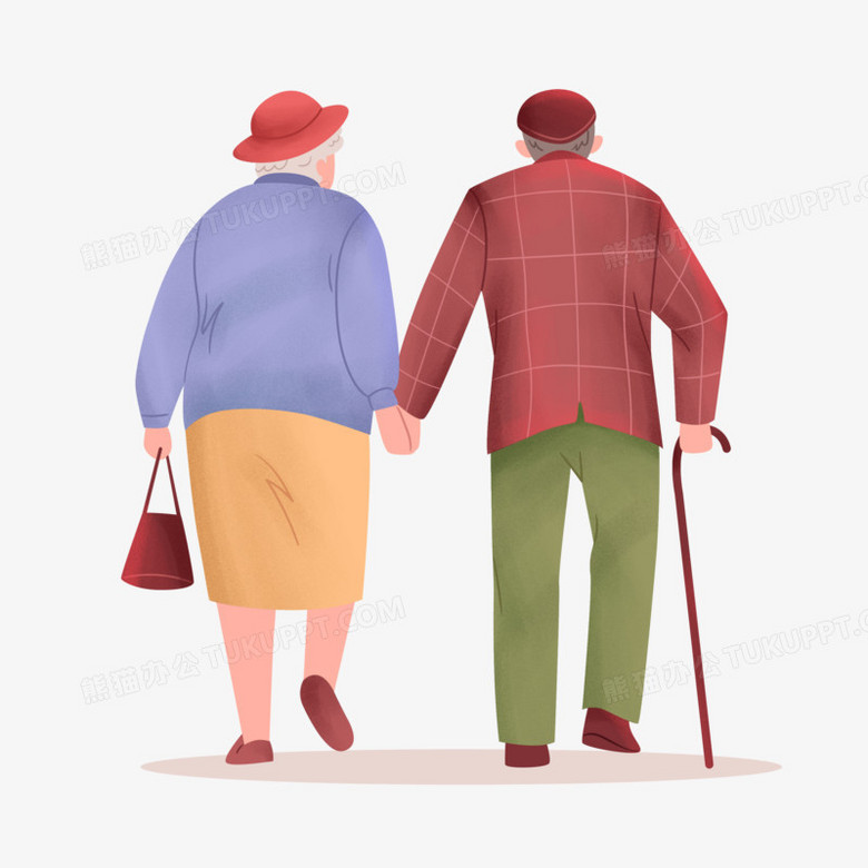 手绘卡通老年人相濡以沫背影素材
