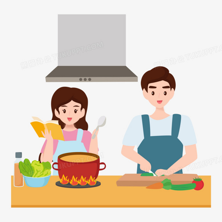 卡通情侣一起下厨做饭素材