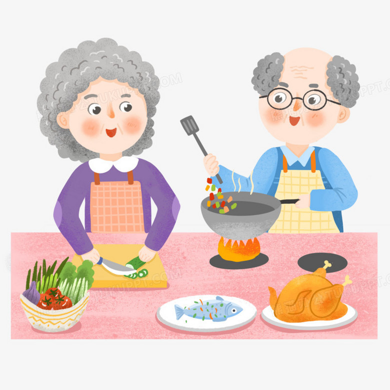 手绘卡通爷爷奶奶老年人一起做饭插画免抠元素