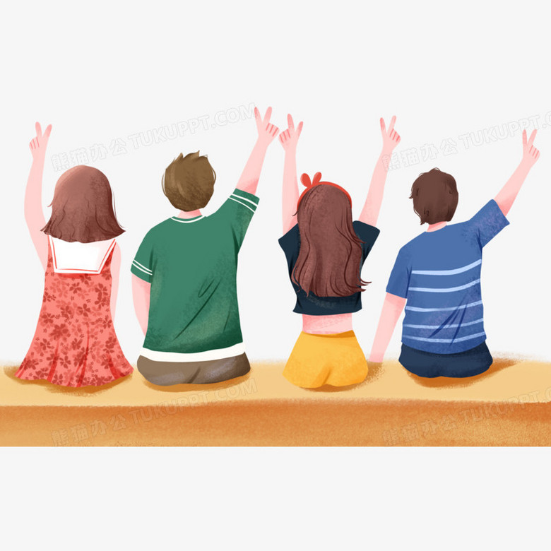 手绘卡通青年比耶背影素材