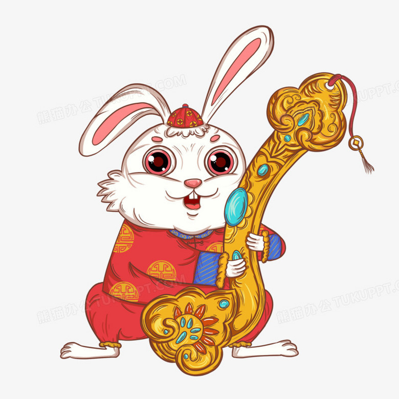 手绘中国风国潮兔子手拿玉如意免抠素材