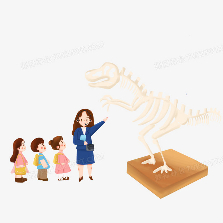 手绘卡通博物馆研学参观化石场景元素