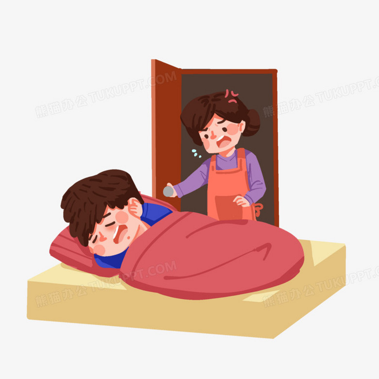 手绘妈妈喊睡懒觉的孩子起床插画元素