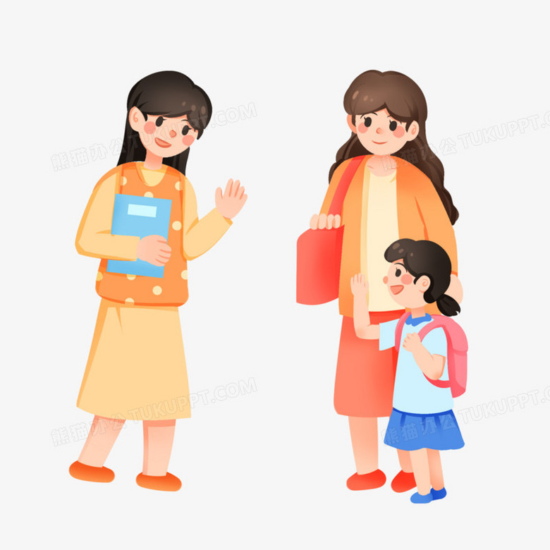 手绘卡通妈妈送孩子上学和老师打招呼免抠PNG图片素材下载_卡通PNG_熊猫办公