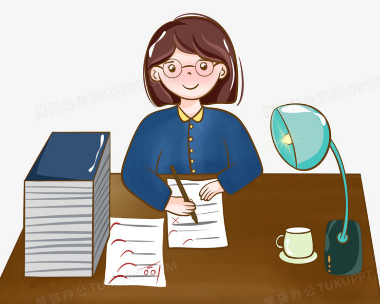 手绘正面批改作业的女老师PNG图片素材下载_老师PNG_熊猫办公