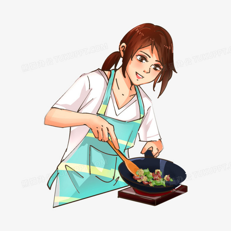 手绘卡通女人炒菜做菜场景免抠元素
