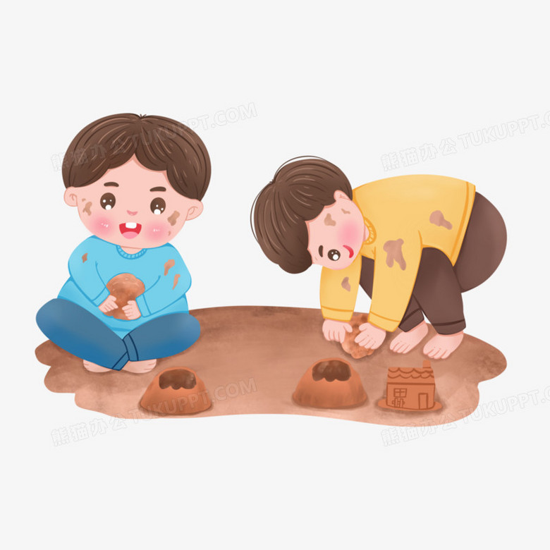 手绘卡通男孩玩泥巴元素