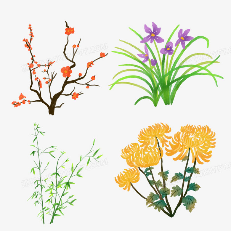 本作品全称为《卡通风彩色一组梅兰竹菊创意元素》,由迷南文化传媒