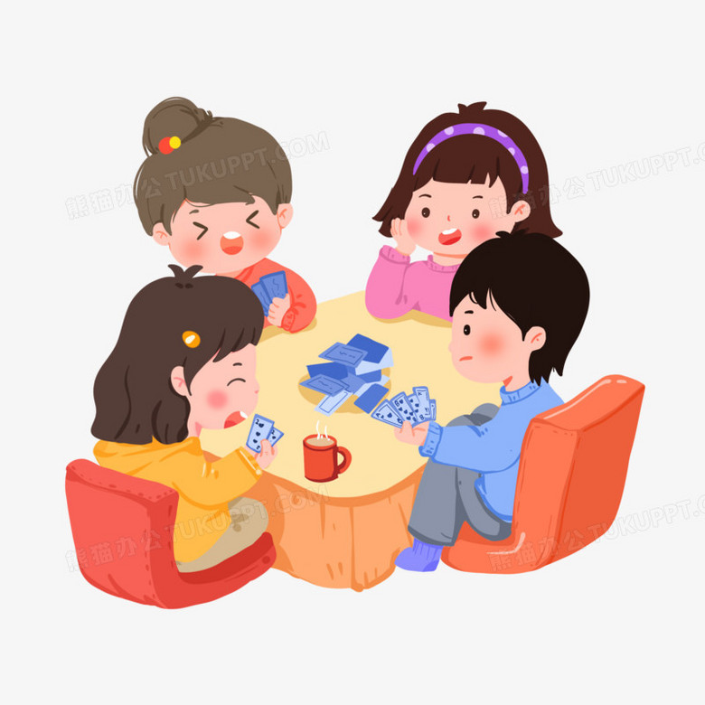 卡通手绘小伙伴们一起打牌场景元素