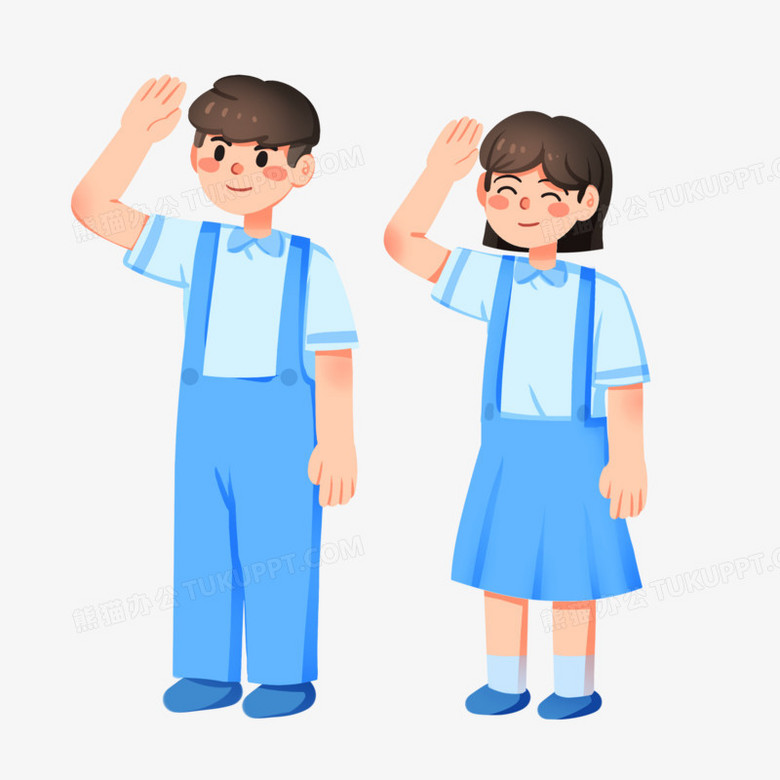 手绘卡通双人敬礼的男孩女孩免抠PNG图片素材下载_手绘PNG_熊猫办公