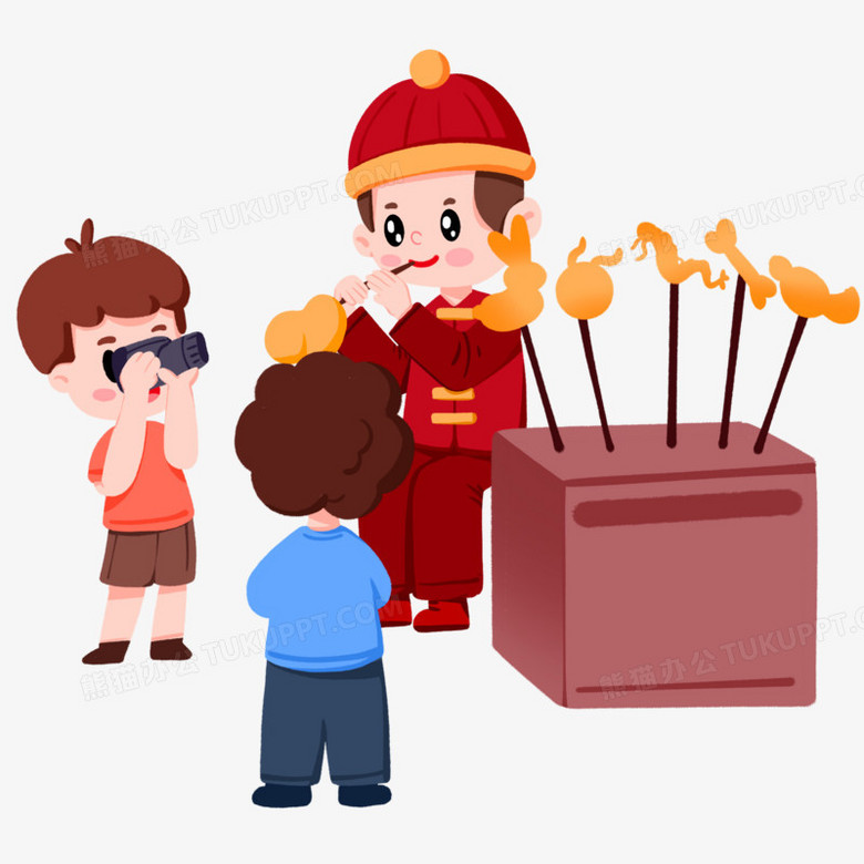 本作品全称为《彩色卡通风小朋友只看吹糖人手艺创意元素》,由迷南