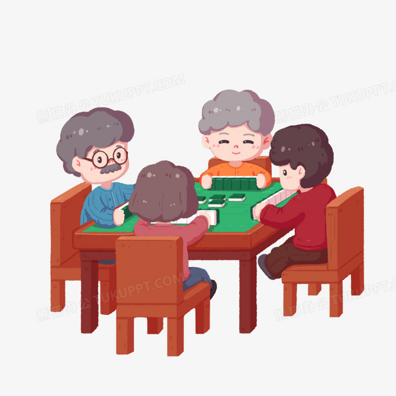 卡通手绘亲朋好友一起打麻将素材