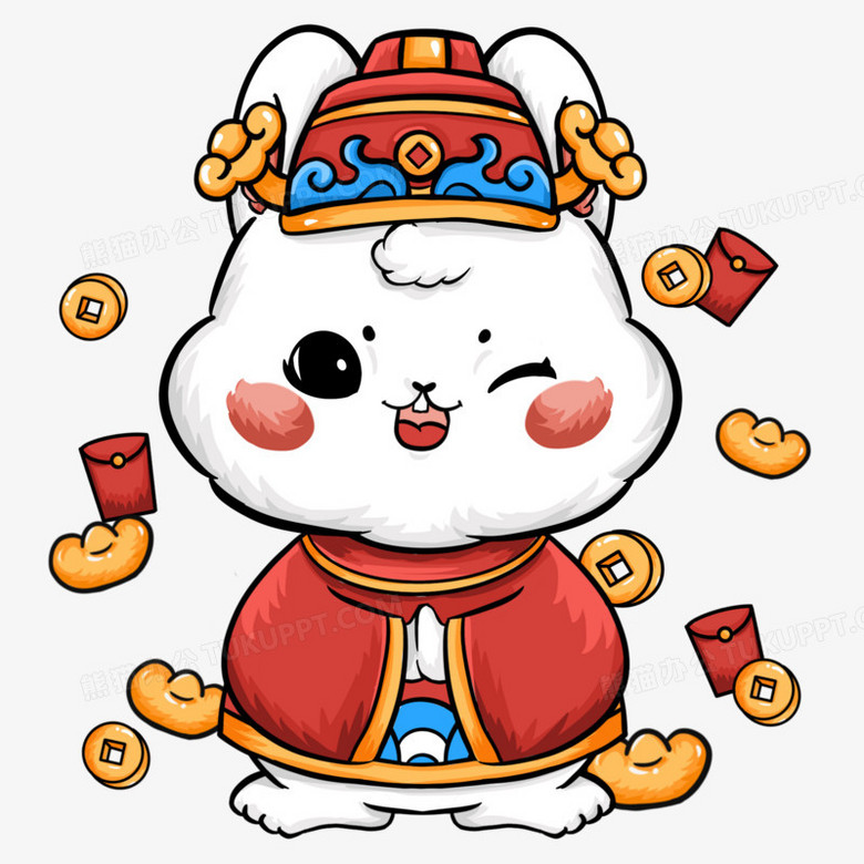 一组可爱卡通兔子财神形象