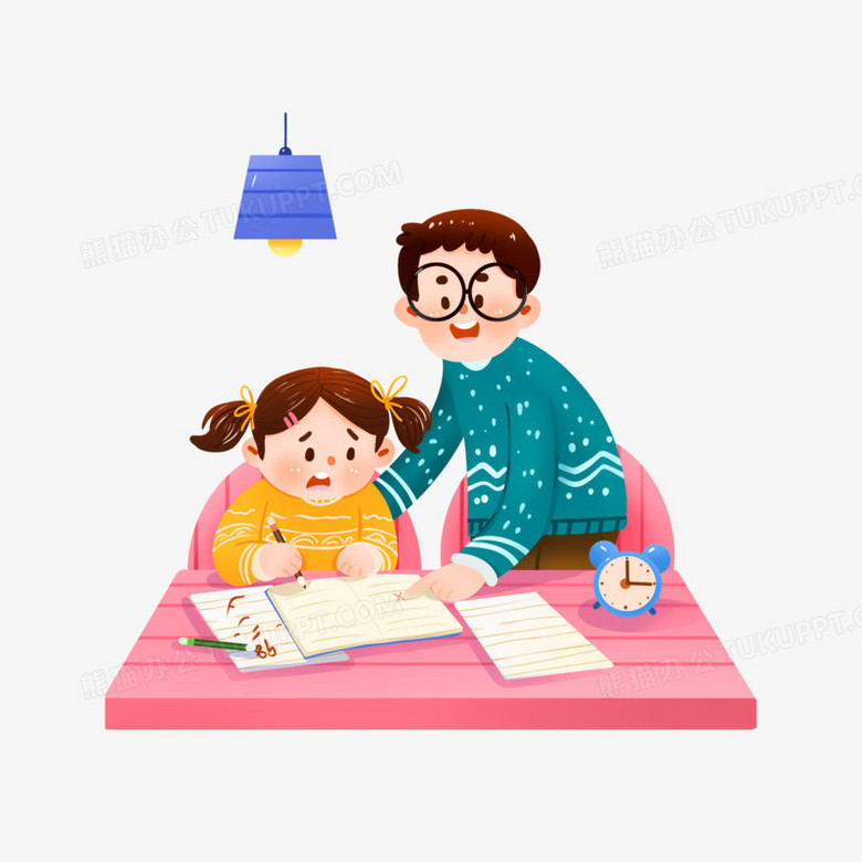 手绘卡通爸爸辅导女儿作业免抠元素PNG图片素材下载_元素PNG_熊猫办公
