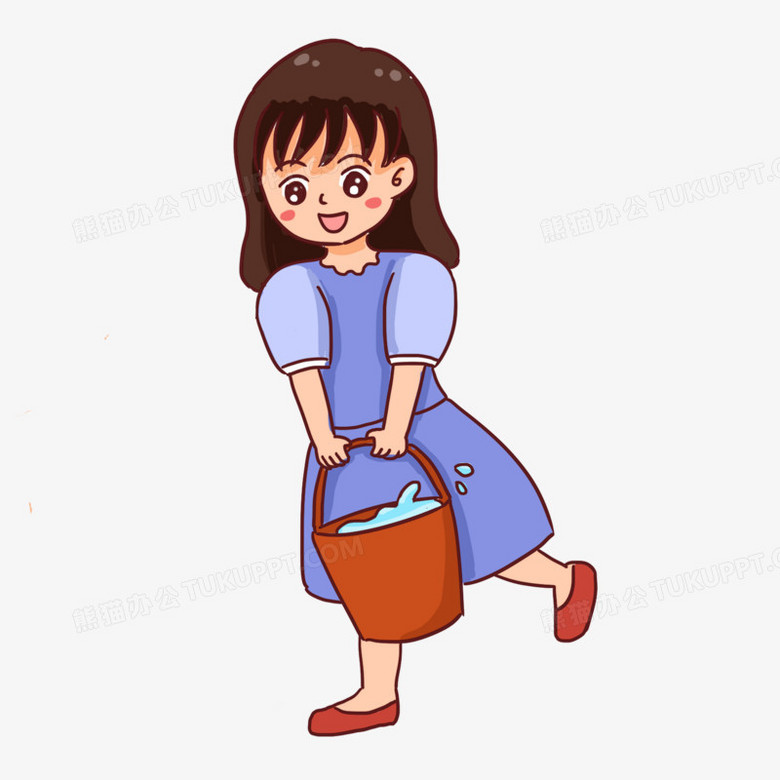 手绘卡通小女孩提水免抠元素