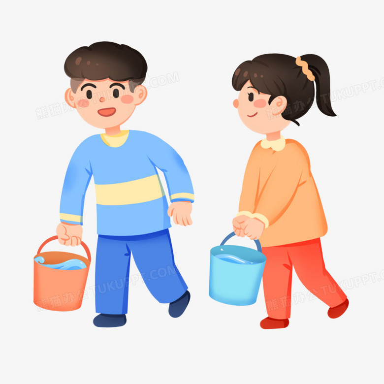 手绘卡通小伙伴一起提水桶免抠素材