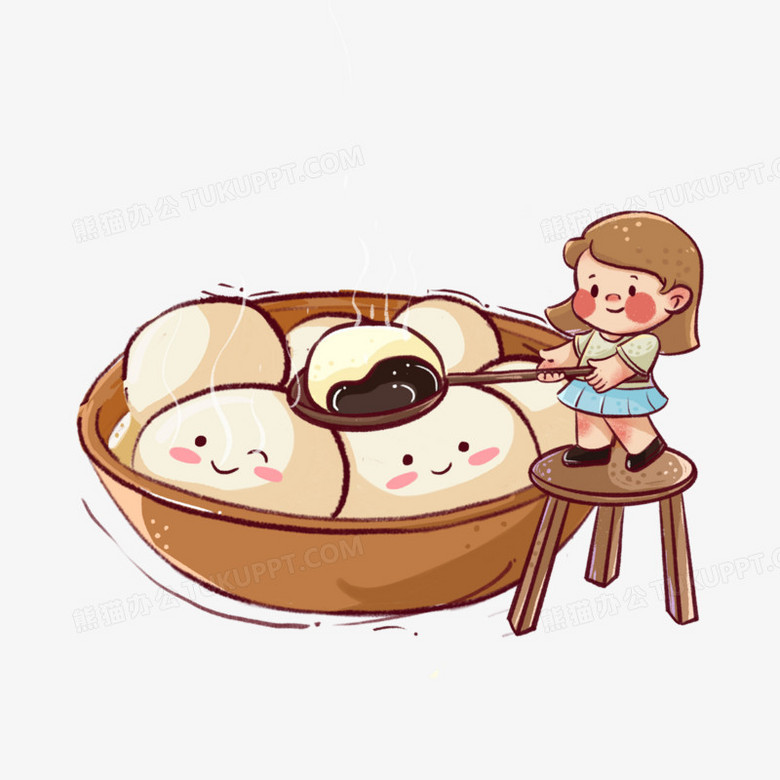 卡通手绘免抠吃汤圆的女孩素材