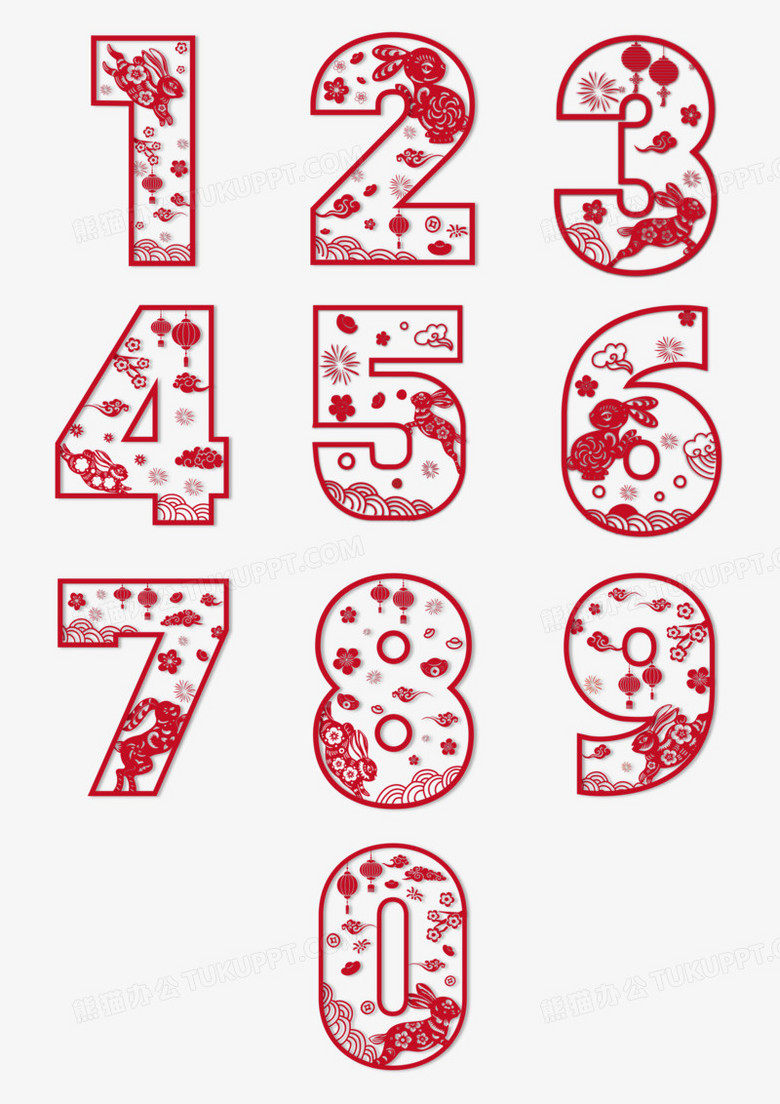一组创意兔年剪纸风数字套图设计