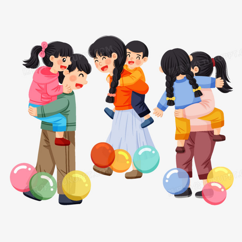 手绘插画风亲子玩踩气球游戏免抠元素