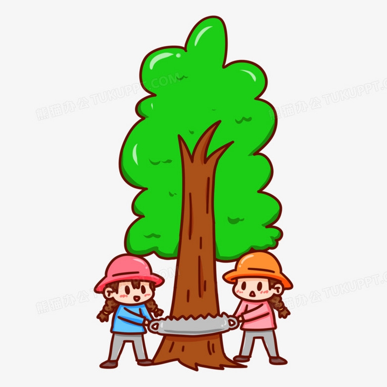 卡通手绘两位小女孩砍树元素PNG图片素材下载_卡通PNG_熊猫办公