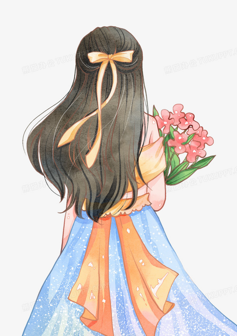 手绘水彩唯美女孩背影元素