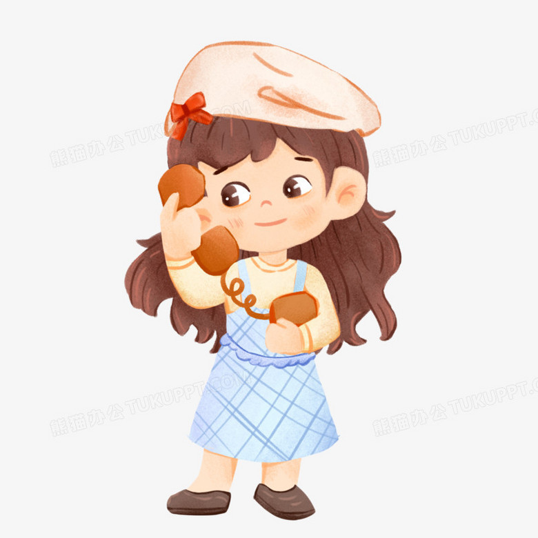 手绘插画风小女孩打电话PNG图片素材下载_手绘PNG_熊猫办公