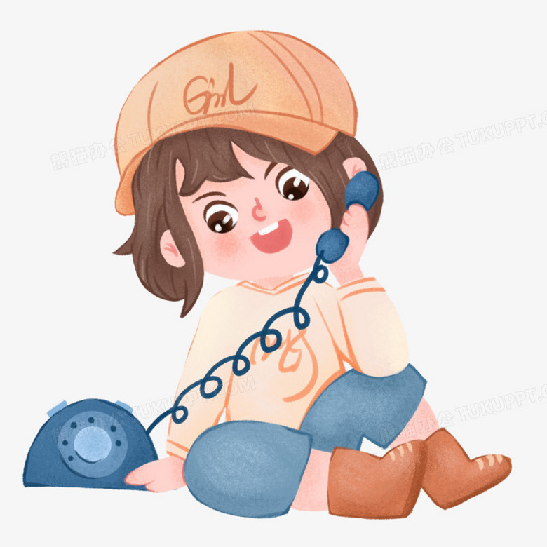 卡通手绘小女孩接打电话PNG图片素材下载_手绘PNG_熊猫办公