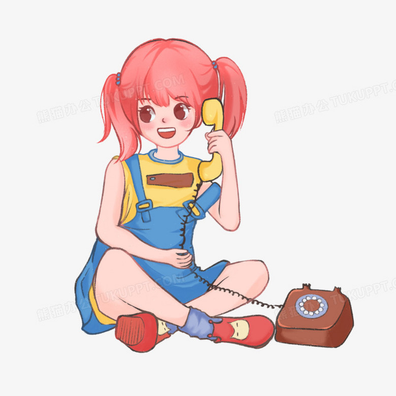 卡通手绘可爱少女打电话元素PNG图片素材下载_可爱PNG_熊猫办公