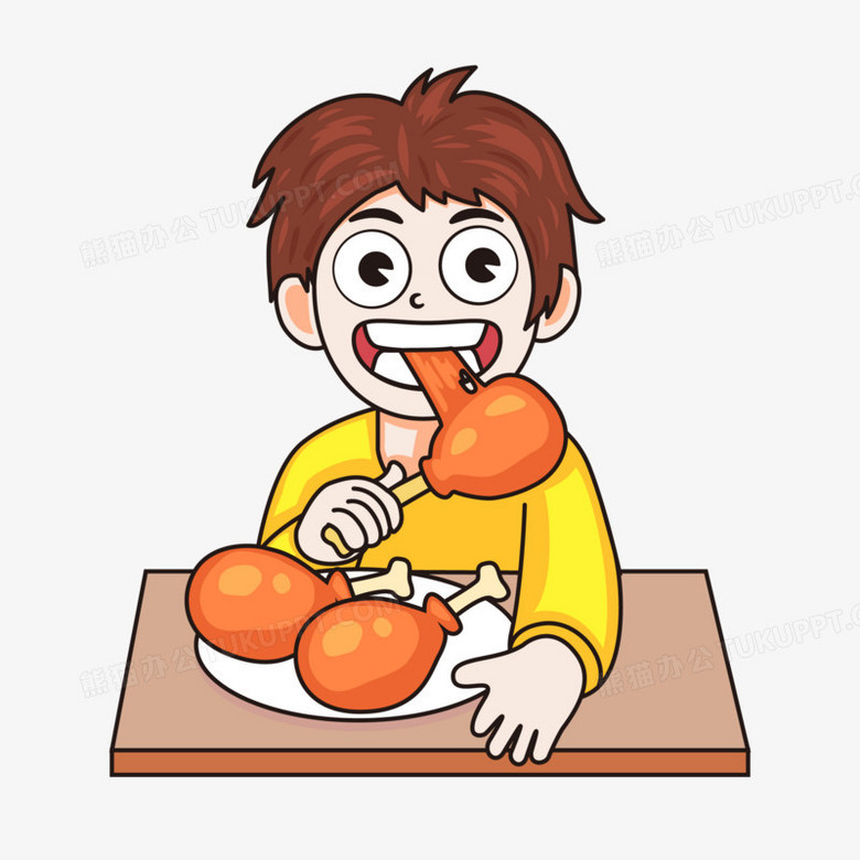卡通男孩吃鸡大腿免抠元素