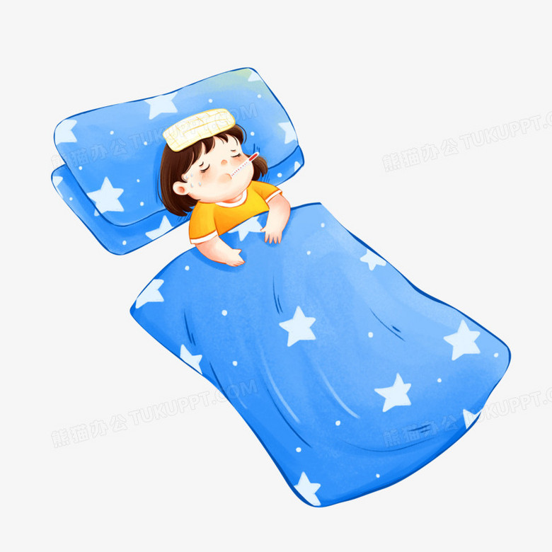 卡通女孩卧床生病插画素材