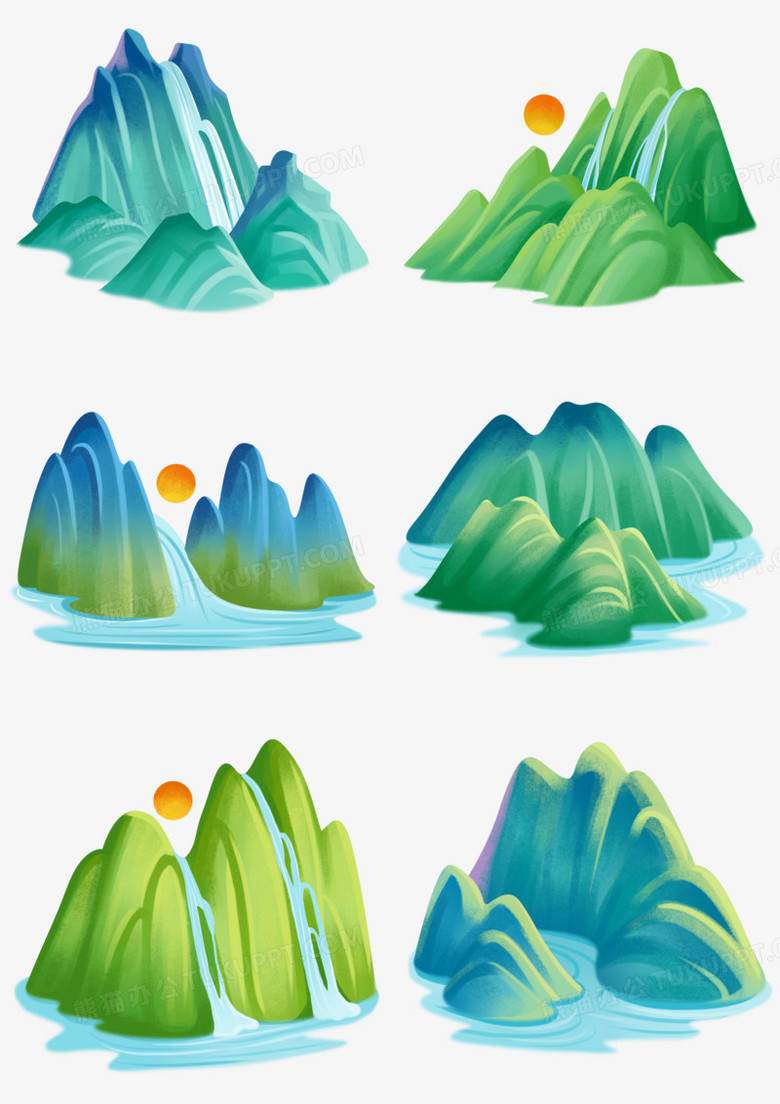 一组卡通中式青绿山水套图合集元素