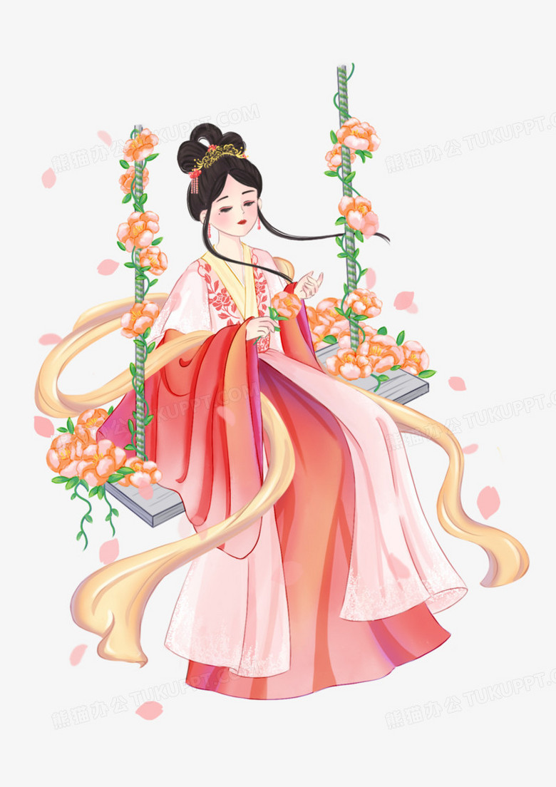 唯美手绘插画风古代女子荡秋千元素