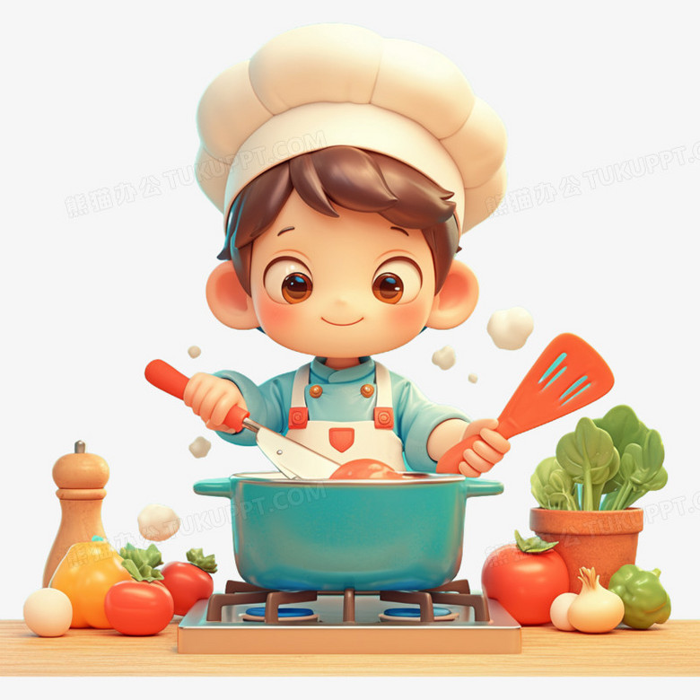 3d卡通小朋友正在学着做饭元素