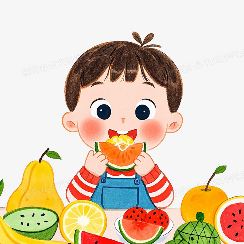 卡通插画风小朋友吃水果免抠元素
