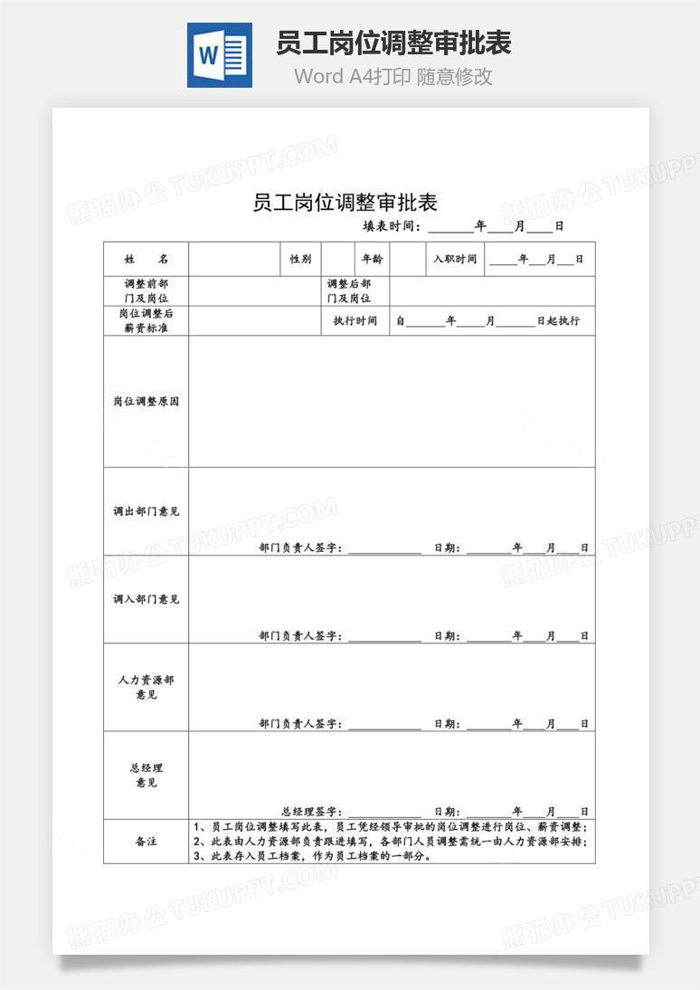 员工岗位调整审批表Word文档