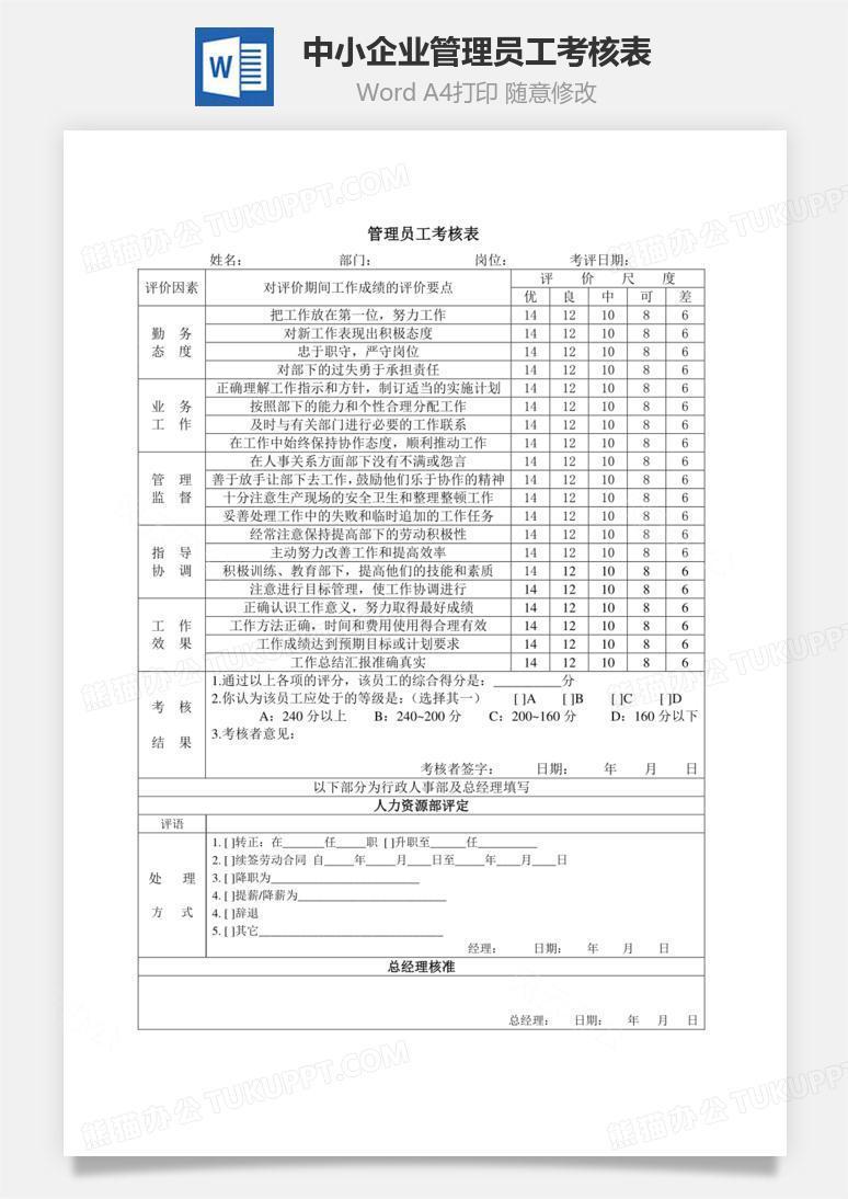 中小企业管理员工考核表