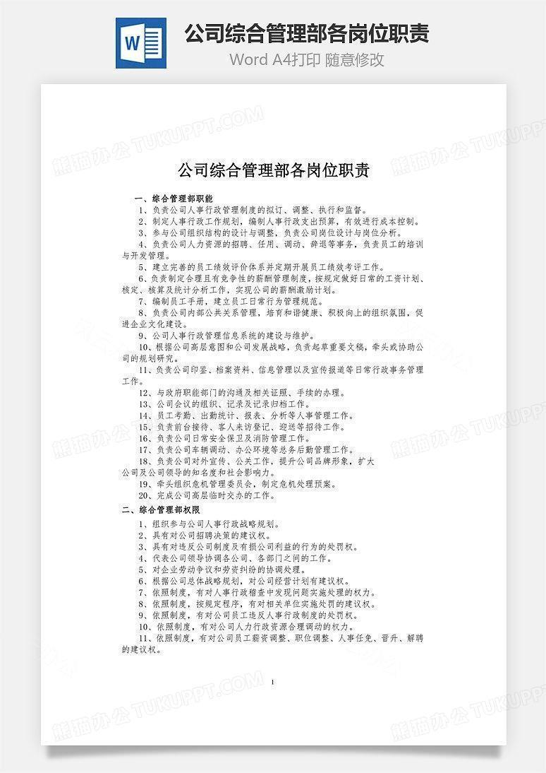 公司综合管理部各岗位职责Word文档