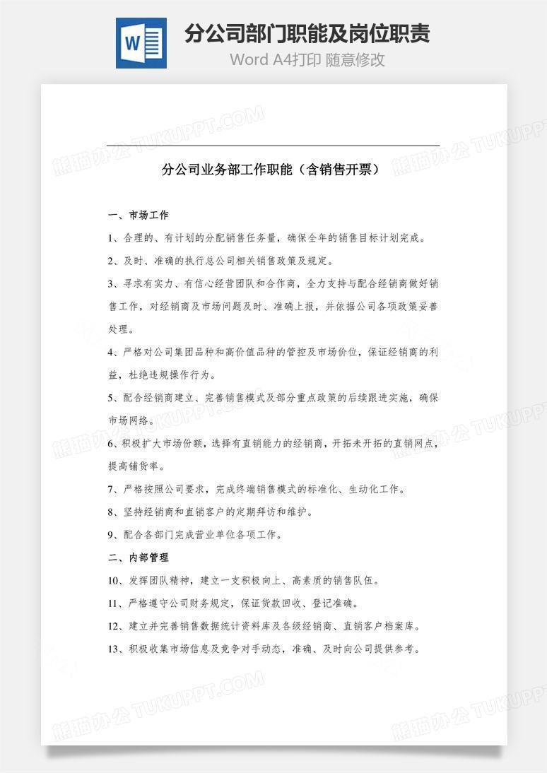 分公司部门职能及岗位职责Word文档