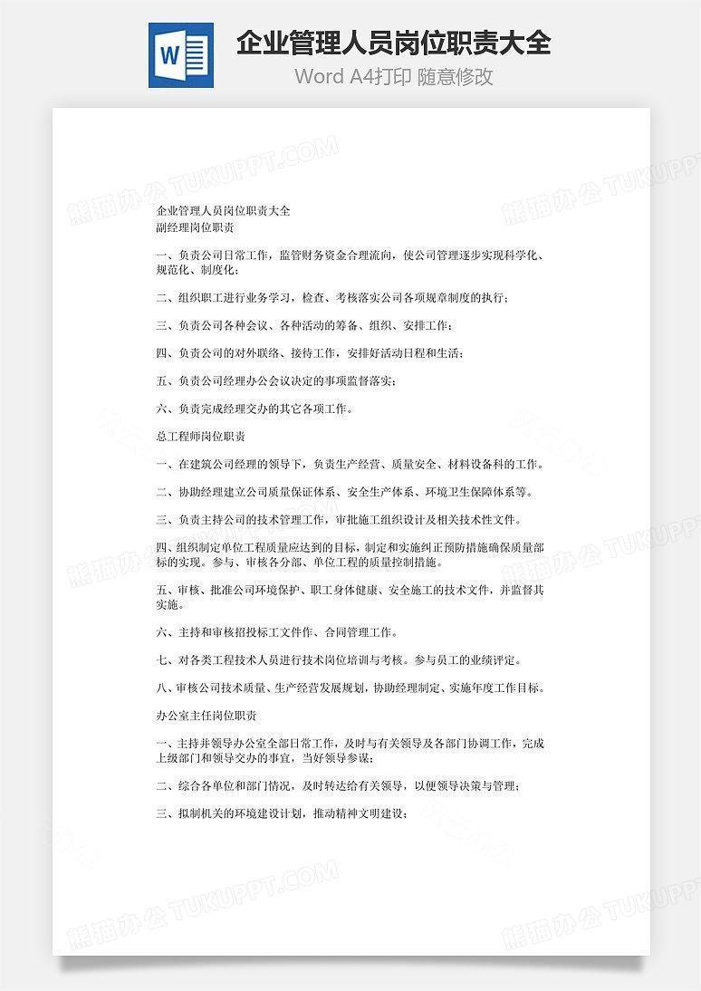 企业管理人员岗位职责大全Word文档