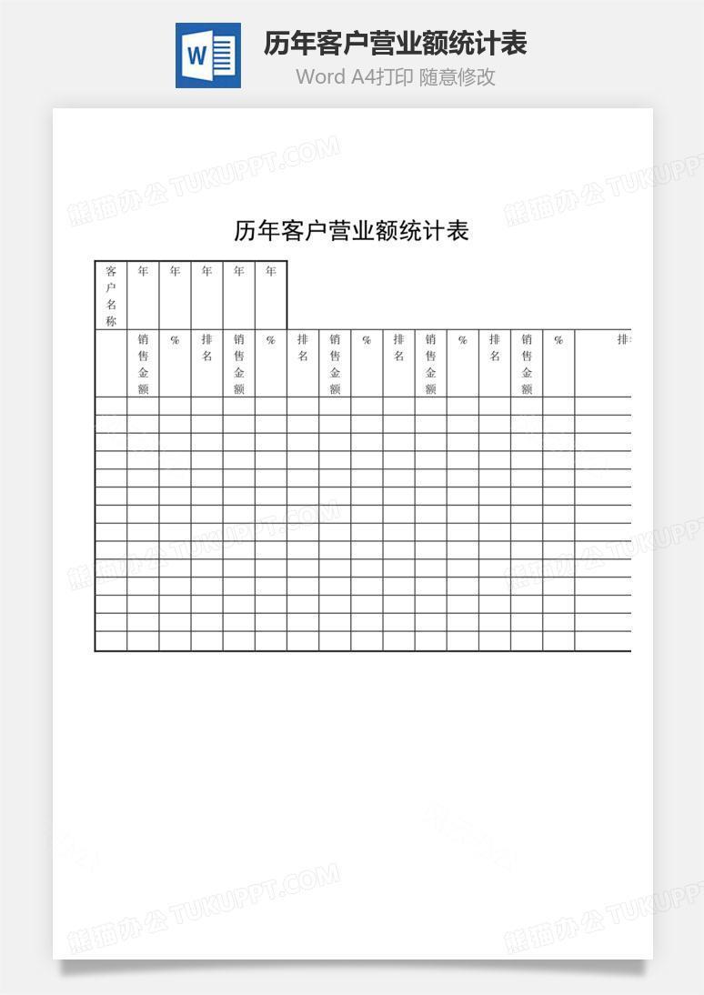 历年客户营业额统计表文档word模板下载_熊猫办公