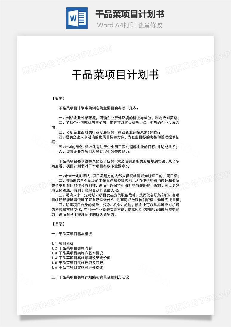干品菜项目计划书word文档