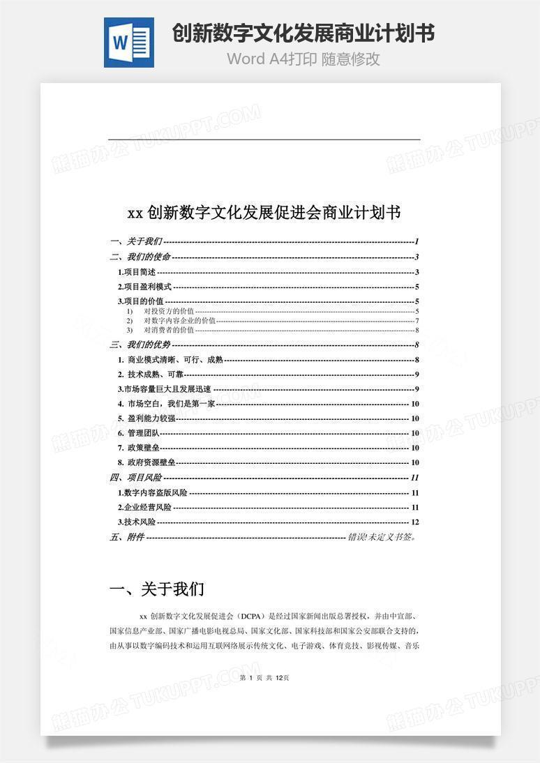 创新数字文化发展商业计划书word文档